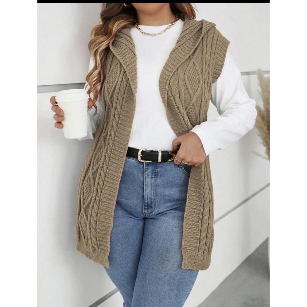 Size 0XL- Women's Sleeveless Hooded Cable Knit Vest Sweater